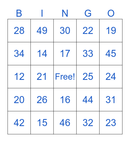 Identifying Numbers Bingo Card