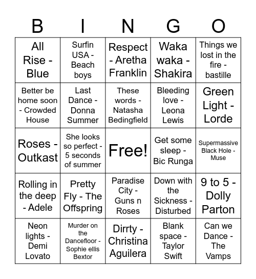 Round #2 Divas and Male bands Bingo Card