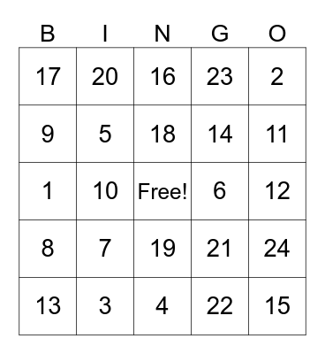 Numeros 1-24 Bingo Card