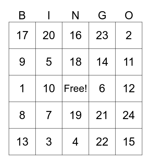 Numeros 1-24 Bingo Card