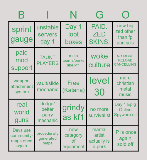 KF2.5 Bingo Chart Bingo Card