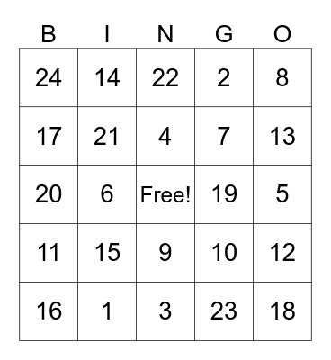 Numeros 1-24 Bingo Card
