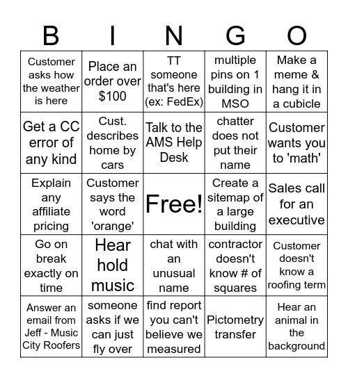 Customer Service BINGO Take 5 Bingo Card
