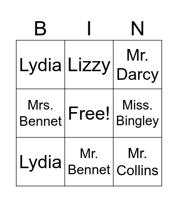 Pride and Prejudice 12-14 Bingo Card