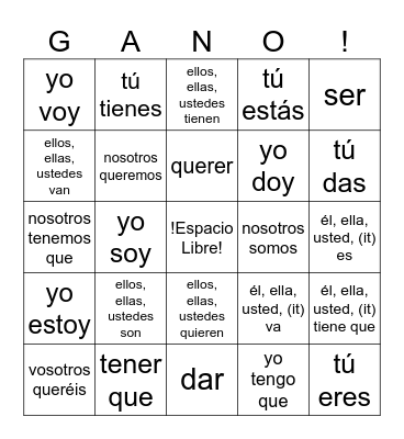 Spanish 1 Bingo Card