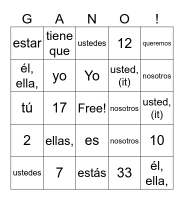 Spanish 1 Bingo Card