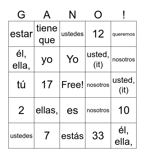 Spanish 1 Bingo Card