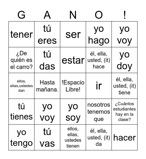 Spanish 1 Bingo Card