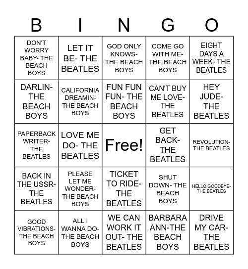 THE BEATLES VS THE BEACH BOYS Bingo Card