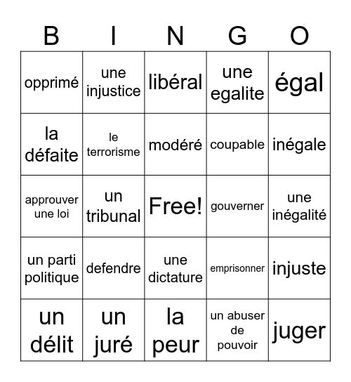 French Bingo Card