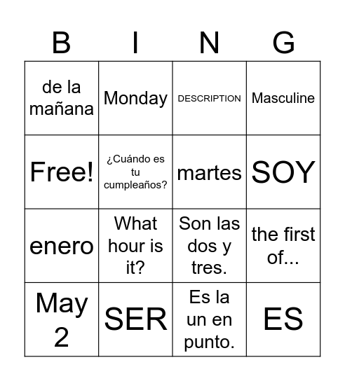 SER,TIME,DATES,MONTHS,DAYS OF THE WEEK Bingo Card