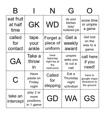 Netball Bingo Card