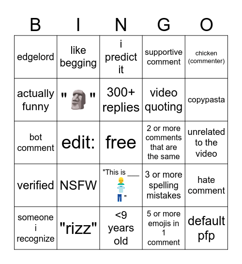 YT Shorts Comment Bingo Card