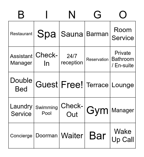 Hotel Vocabulary Bingo Card