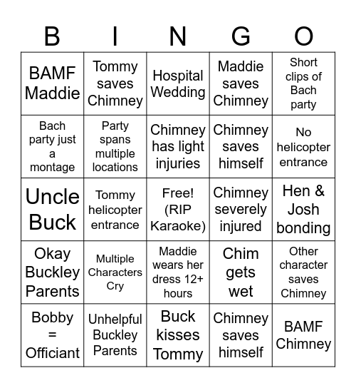 9-1-1 07x06 “There Goes the Groom” Bingo Card