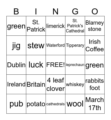 Irish Bingo Card