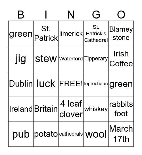 Irish Bingo Card