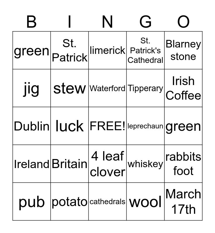 Irish Bingo Card