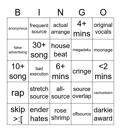 Megamix Bingo Card