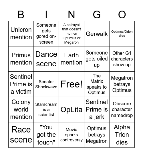 Transformers: One Bingo Card Bingo Card