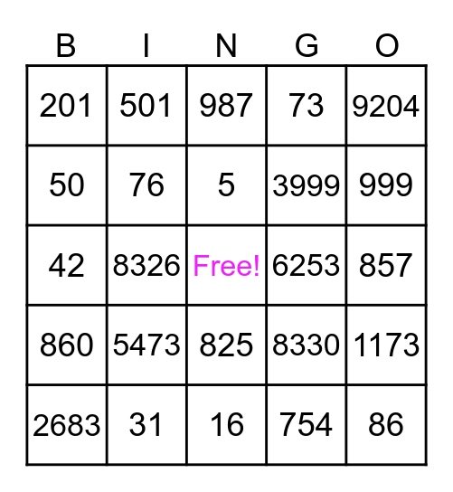 Place Value Bingo Card