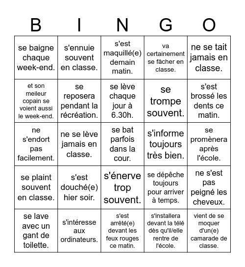 Verbes pronominaux Bingo Card