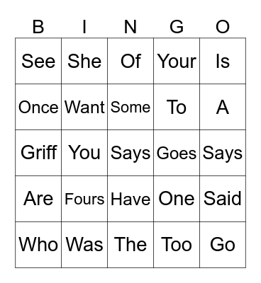 Learned Words List 1 Bingo Card