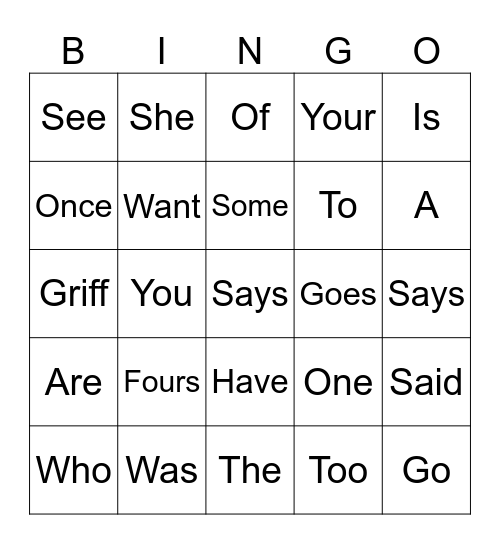 Learned Words List 1 Bingo Card