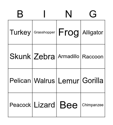 Animal Sounds Bingo with Names Pictures and Words Bingo Card