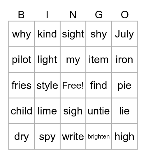 Long Vowel I Bingo Card