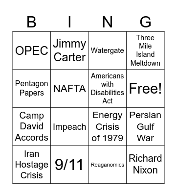 1970s - 2000s Vocabulary Bingo Card