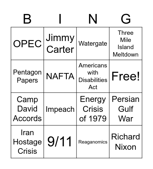 1970s - 2000s Vocabulary Bingo Card