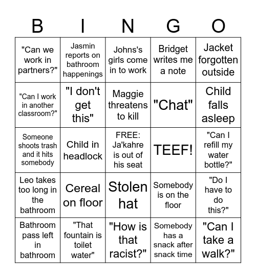 Nav's Class Bingo Card