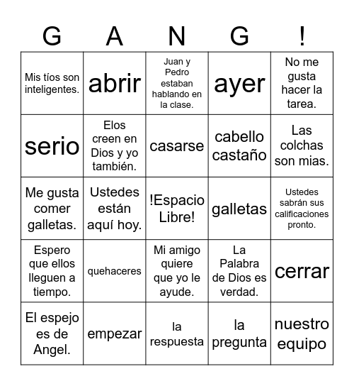 Spanish 2 Bingo Card