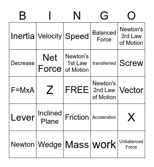 Force, Motion, and Speed Bingo Card