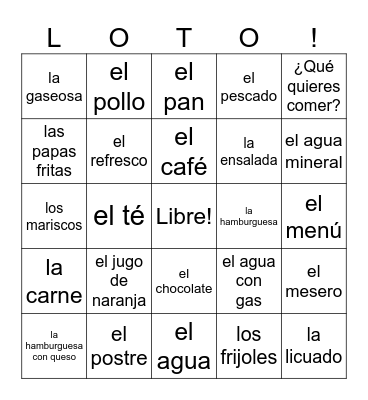Comidas y bebidas Bingo Card