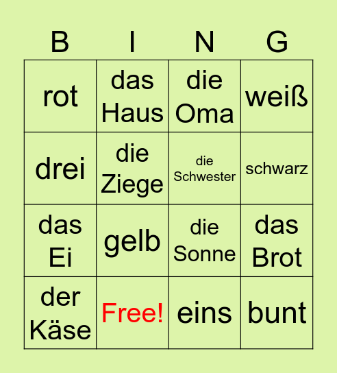 erste Wörter Bingo Card