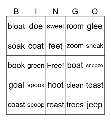 Long /e/, /a/ and /oo/ Bingo Card