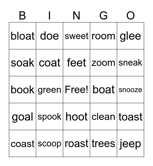 Long /e/, /a/ and /oo/ Bingo Card