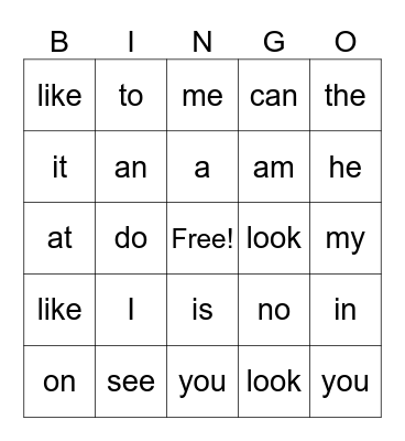 K Sight Words Bingo Card
