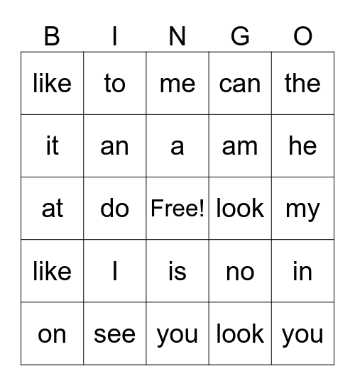 K Sight Words Bingo Card