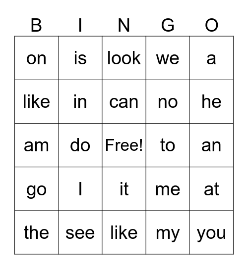 K Sight Words Bingo Card