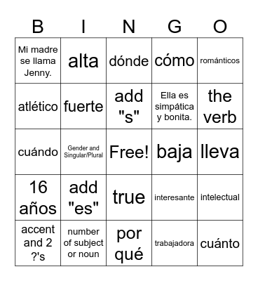 Spanish Bingo Card