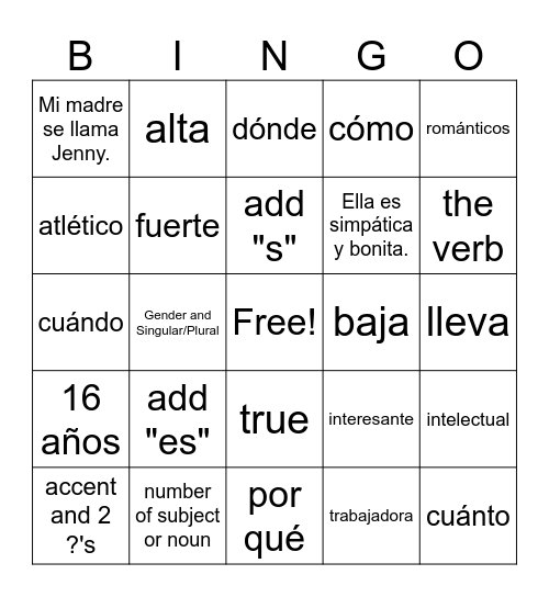 Spanish Bingo Card