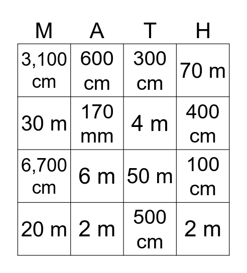 Convert Metric Units of Length Bingo Card