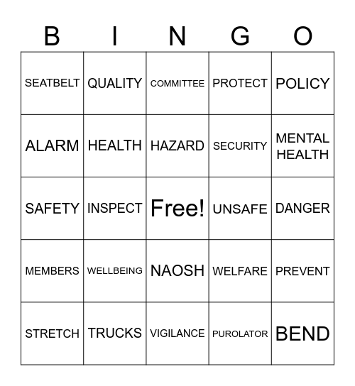 SAFETY AND HEALTH WEEK Bingo Card