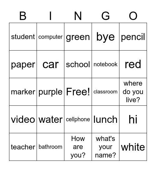 La escuela Bingo Card