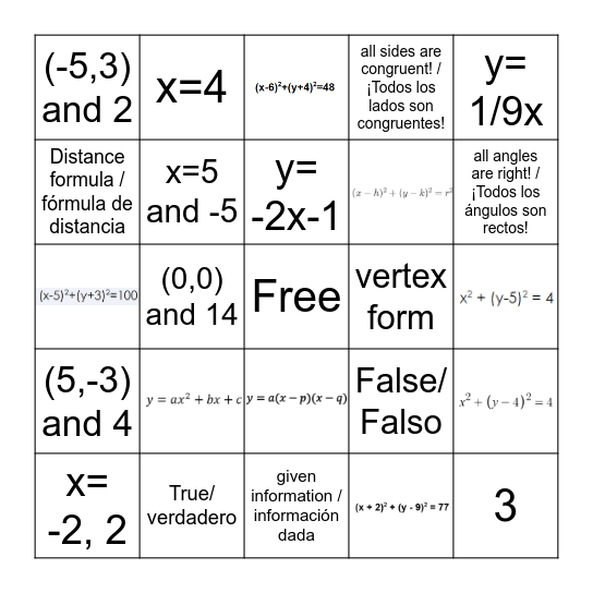 Coordinate Geo, Lines, Circles Bingo Card