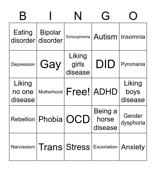 Mental illness bingo Card