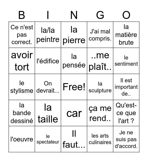 Français 3 - Chapitre 6 CDO 1 - L'Art Bingo Card